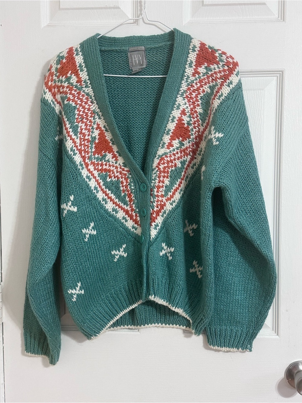 IVY Hand Knit Southwestern Fair Isle Cardigan Sweater M Teal Oversized Vintage